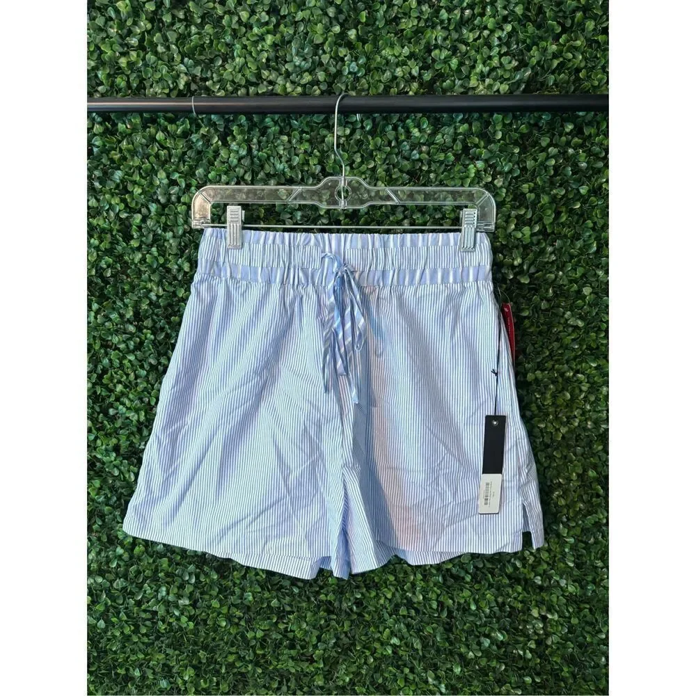 Carbon38 Blue and White Striped High Rise Paper Bag Lounge Shorts Sz Small NWT